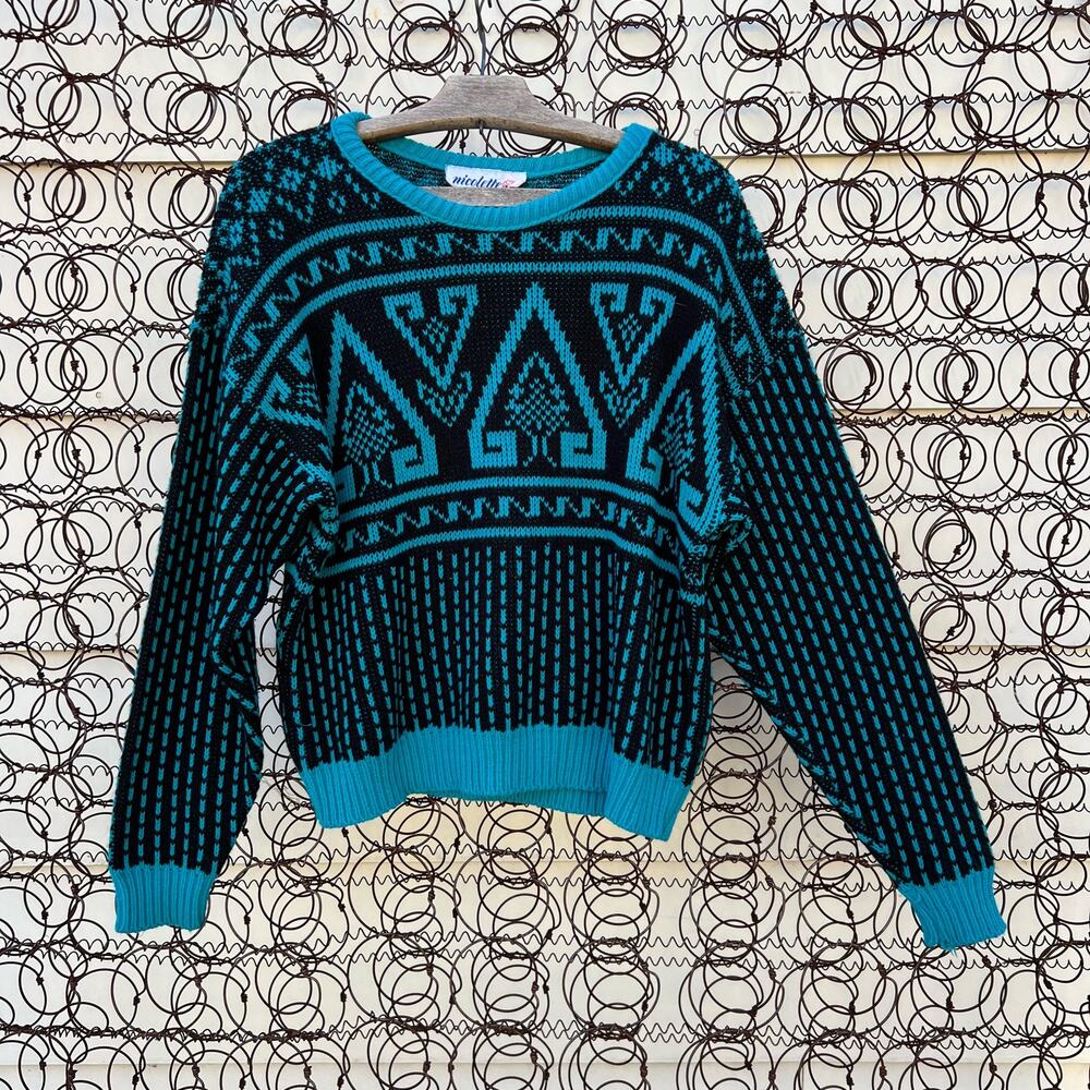 Vintage 80s Teal Black Geometric Bold Sweater Nicolette New York LARGE